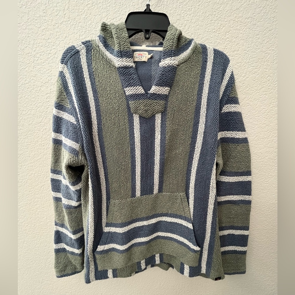 FAHERTY Men’s Blue and Sage Green Striped Long Sleeve Poncho Hoodie Size L